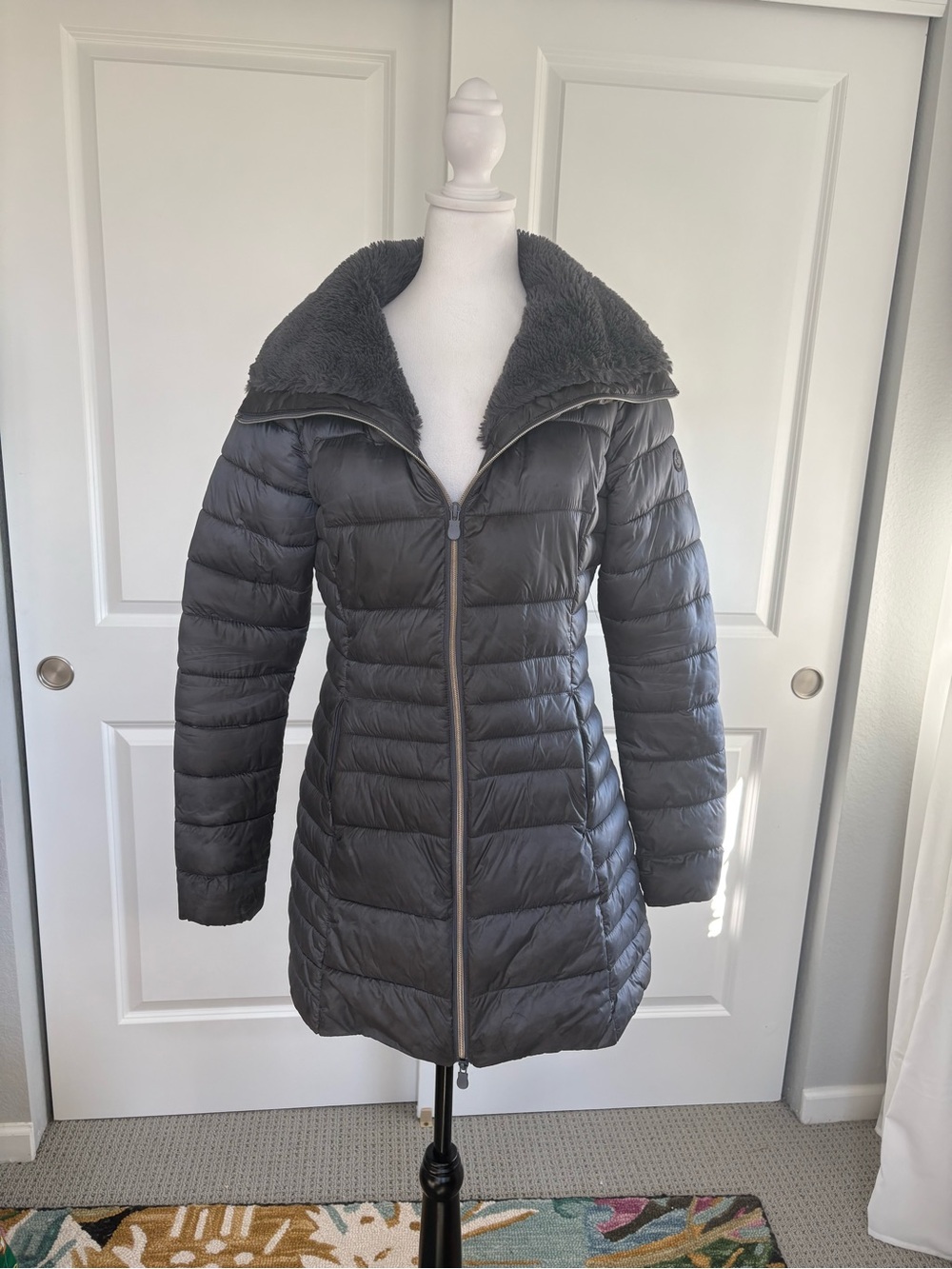 SAVE THE DUCK Charcoal Quilted Puffer Coat with Sherpa Collar